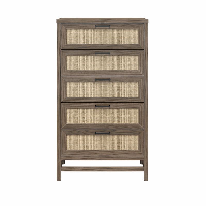 Medium Brown Coastal 5-Drawer Dresser with Faux Rattan Fronts