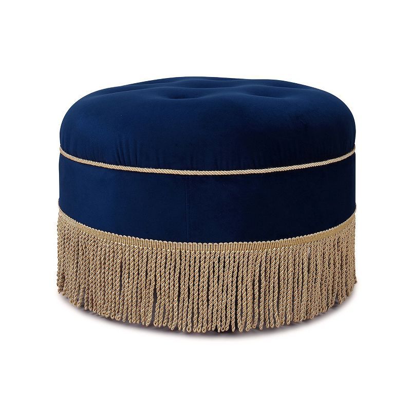 Navy Blue Velvet Tufted Round Ottoman with Fringe