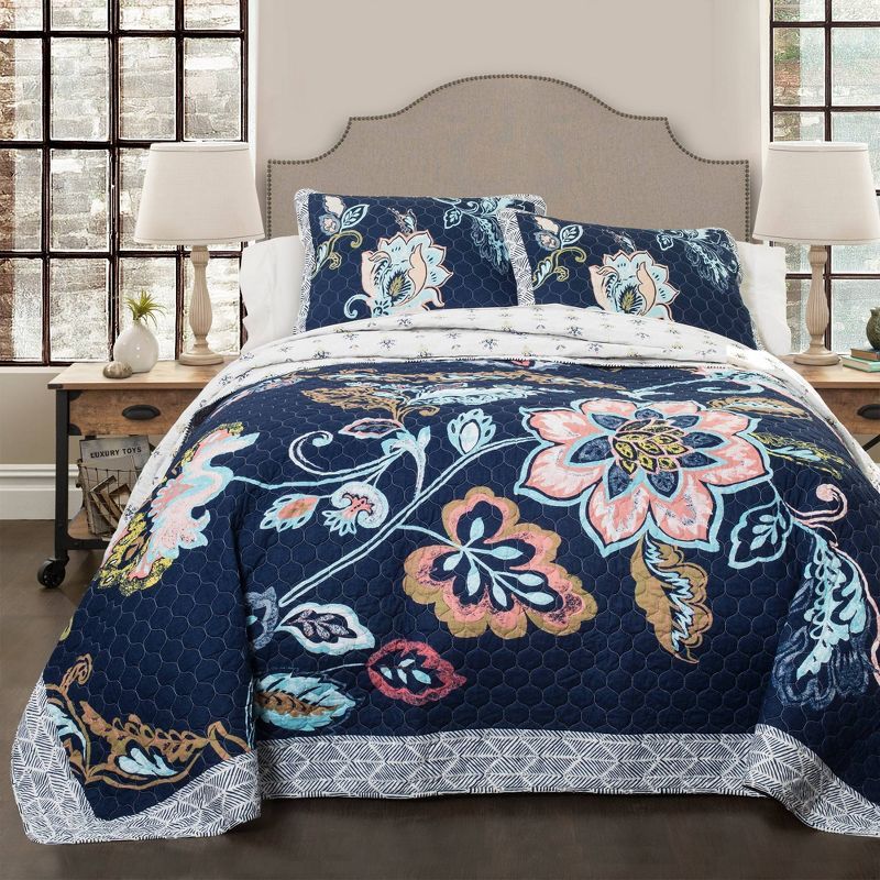 Navy Floral Cotton Reversible Full Quilt Set