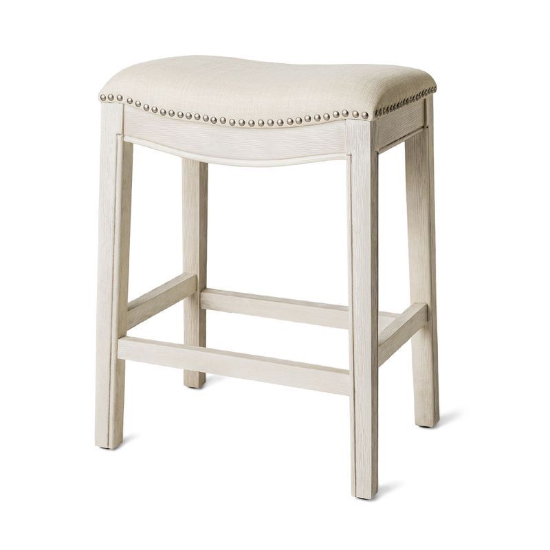 Adrien White Oak Backless Saddle Counter Stool with Upholstered Seat