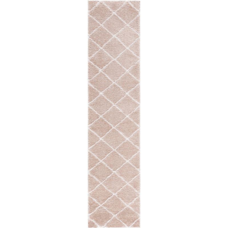 Beige and White Geometric Shag Runner Rug 2' x 9'