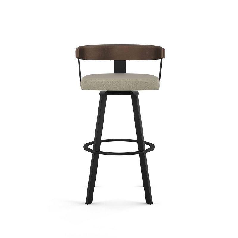 Greige Faux Leather Swivel Barstool with Black Metal and Brown Wood