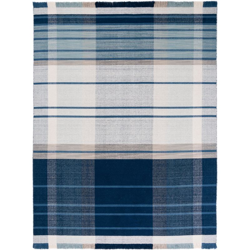 Blue and Beige Flat Woven Wool Striped 8' x 10' Area Rug