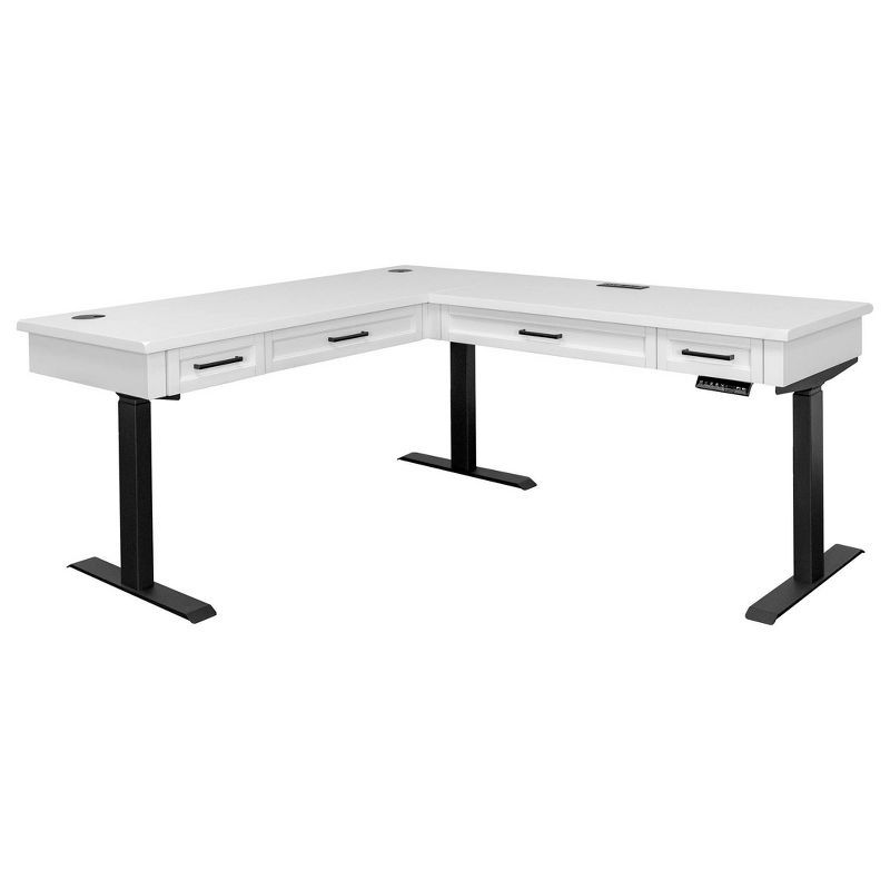 White Adjustable Height L-Desk with USB Ports and Drawer