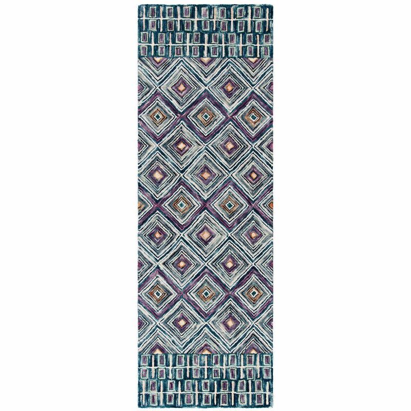 Geometric Blue & Red Handmade Wool Runner Rug - 27in x 7in