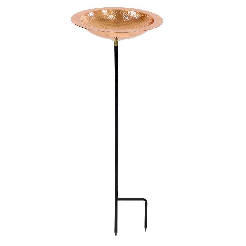 Hand-Hammered Copper Standing Bird Bath with Iron Stake