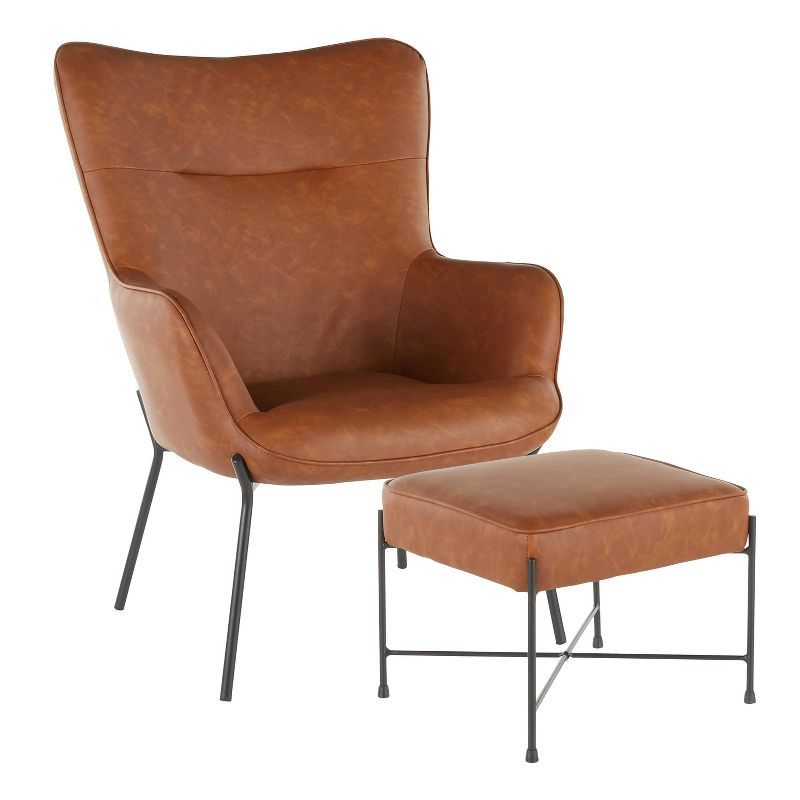 Camel Faux Leather Lounge Chair with Ottoman and Metal Legs