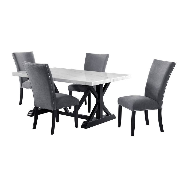 Stratton Standard Height Dining Set with Marble Top and Charcoal Upholstered Chairs