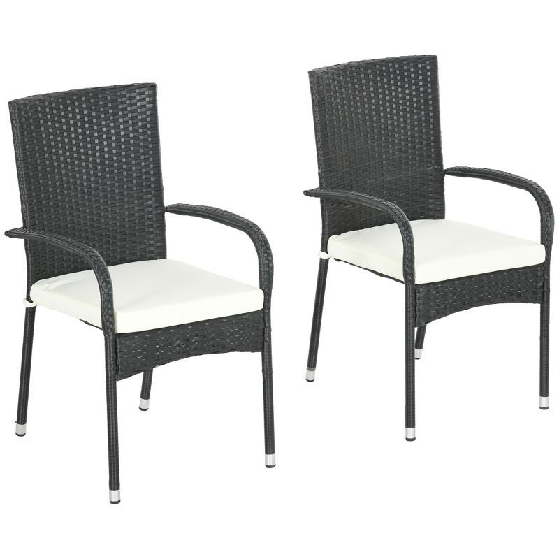 Cream White Cushioned Wicker Outdoor Dining Chairs, Set of 2