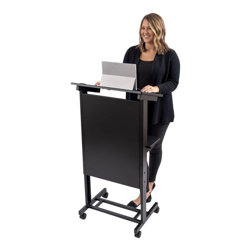 Adjustable Height Black Steel Rolling Lectern Podium