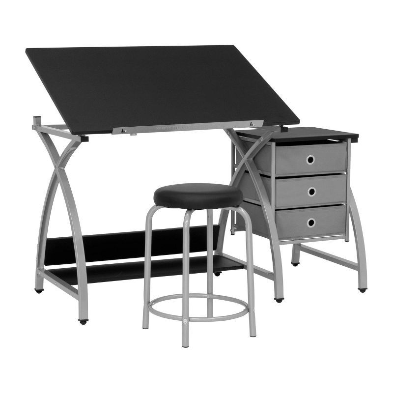 Comet Art & Craft Workstation with Storage and Padded Stool, Silver & Black