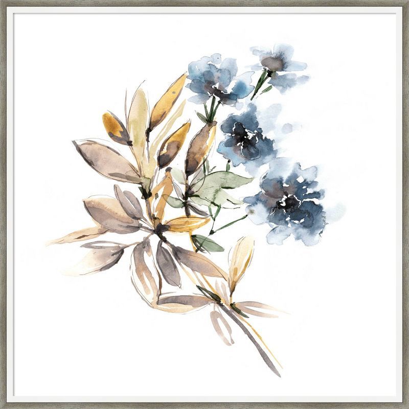 25" x 25" Muted Blue and Beige Botanical Wood Framed Wall Art