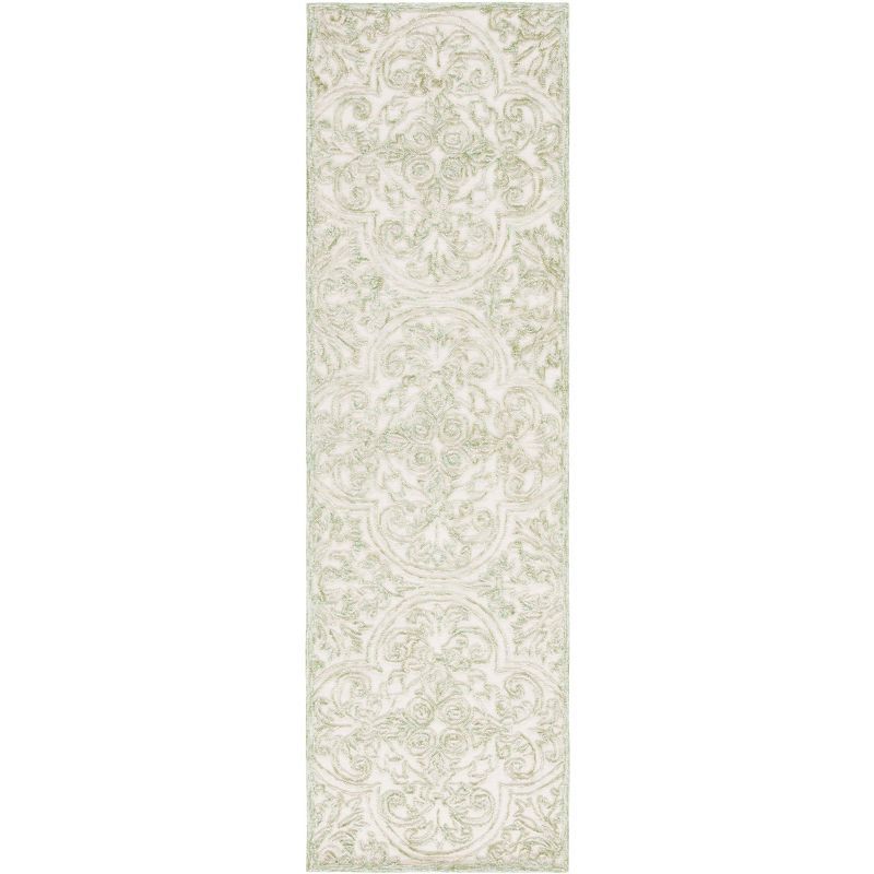 Ivory and Green Tufted Wool Runner Rug