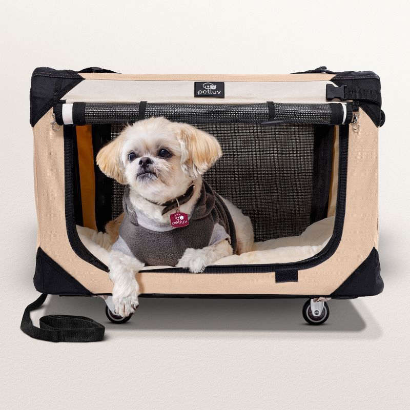 Large Tan Soft-Sided Rolling Pet Carrier with Pillow