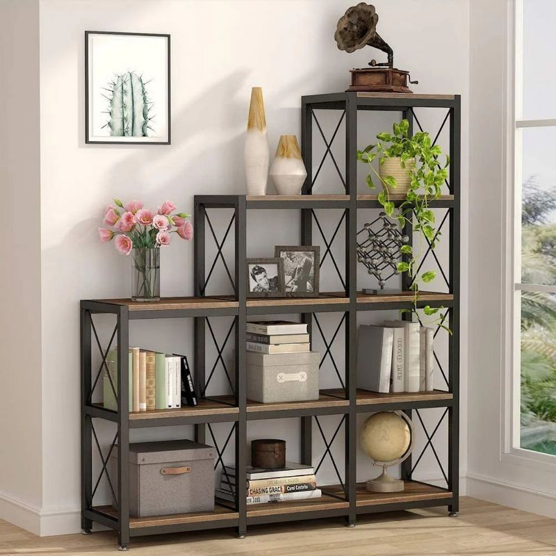 Rustic Brown Wood and Metal Ladder Bookshelf with 9 Cubes