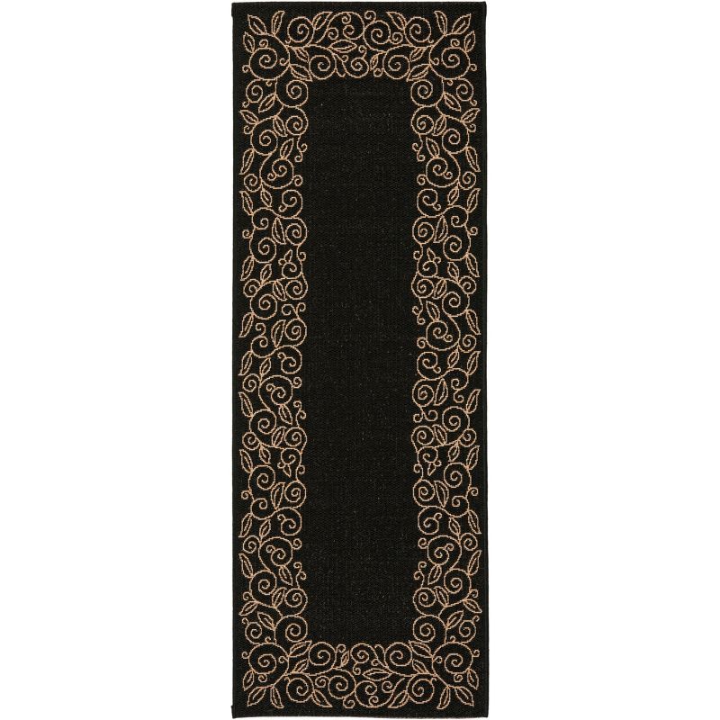 Black and Beige Floral Border Indoor/Outdoor Runner Rug