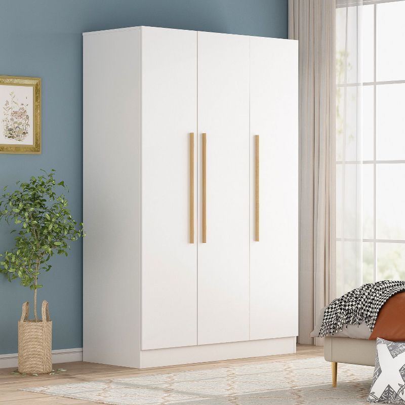 White MDF 3-Door Wardrobe with Solid Wood Handles