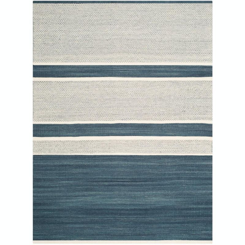 Blue and Ivory Striped Wool Cotton Kids' Washable Rug