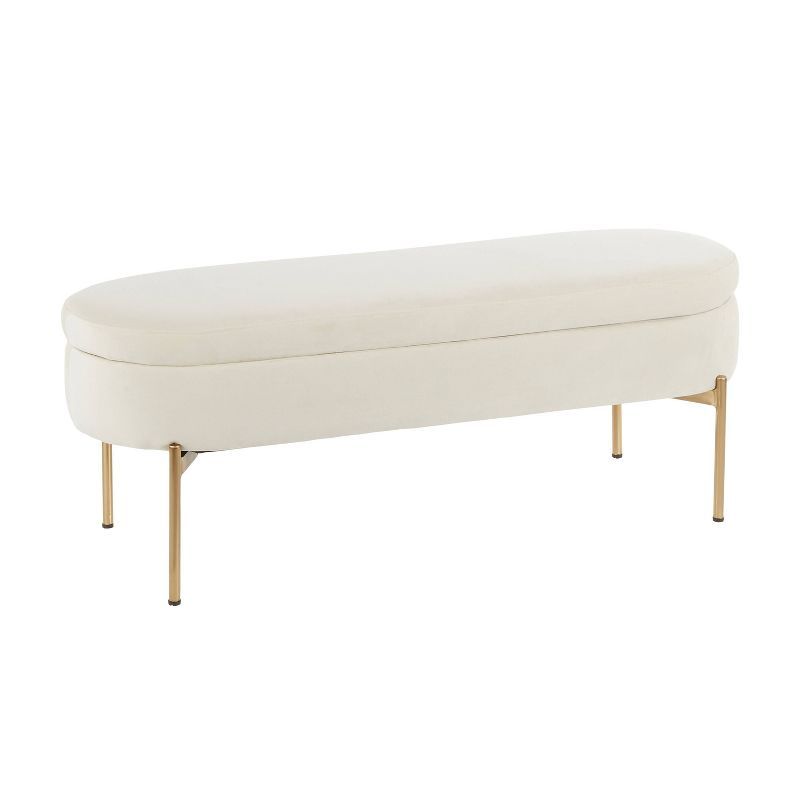 48" Chloe White Velvet Upholstered Storage Bench with Gold Base