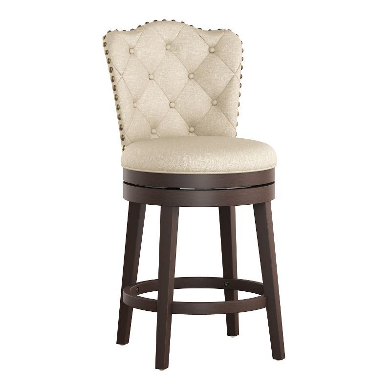 Edenwood Cream Upholstered Swivel Counter Height Stool with Brown Wood Base