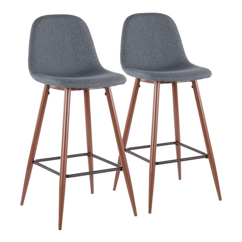 Contemporary Pebble Blue Fabric & Walnut Metal Bar Stools - Set of 2