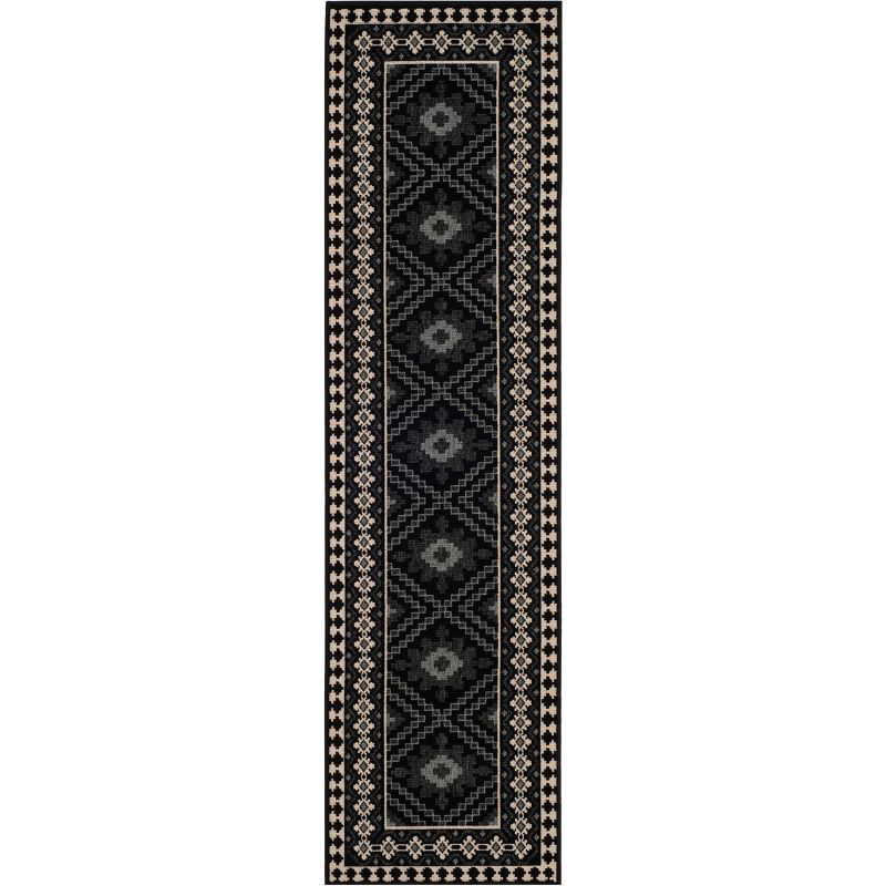 Black and Cream Synthetic Reversible Indoor/Outdoor Runner Rug