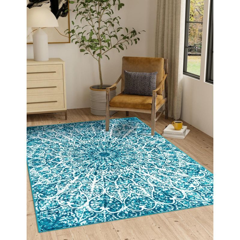 Turquoise and Ivory Rectangular Stain-Resistant Area Rug