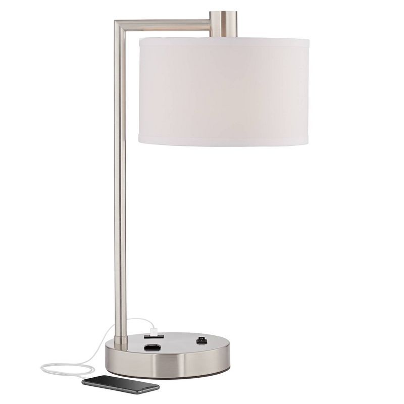 Brushed Nickel Desk Lamp with White Linen Shade and USB Port