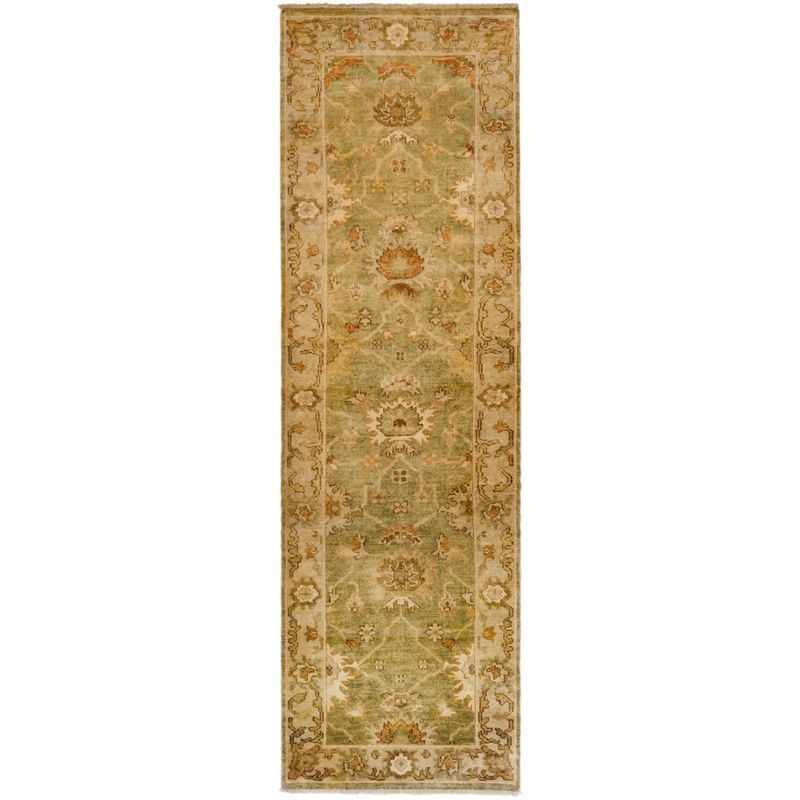 Hand-Knotted Wool Green and Beige 3' x 10' Runner Rug