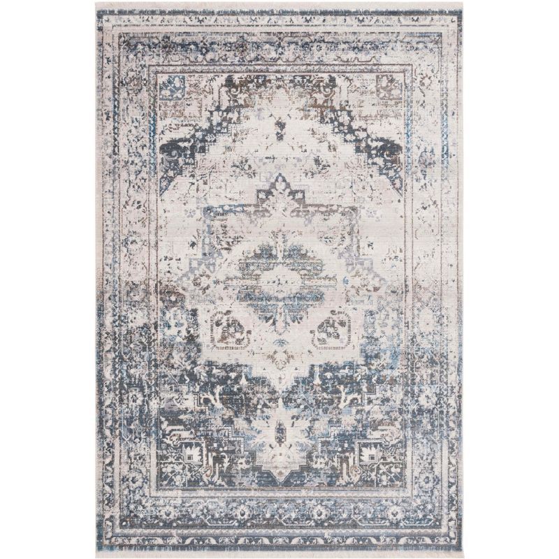 Ivory and Blue Synthetic Hand-knotted Rectangular Area Rug, 5' x 7'