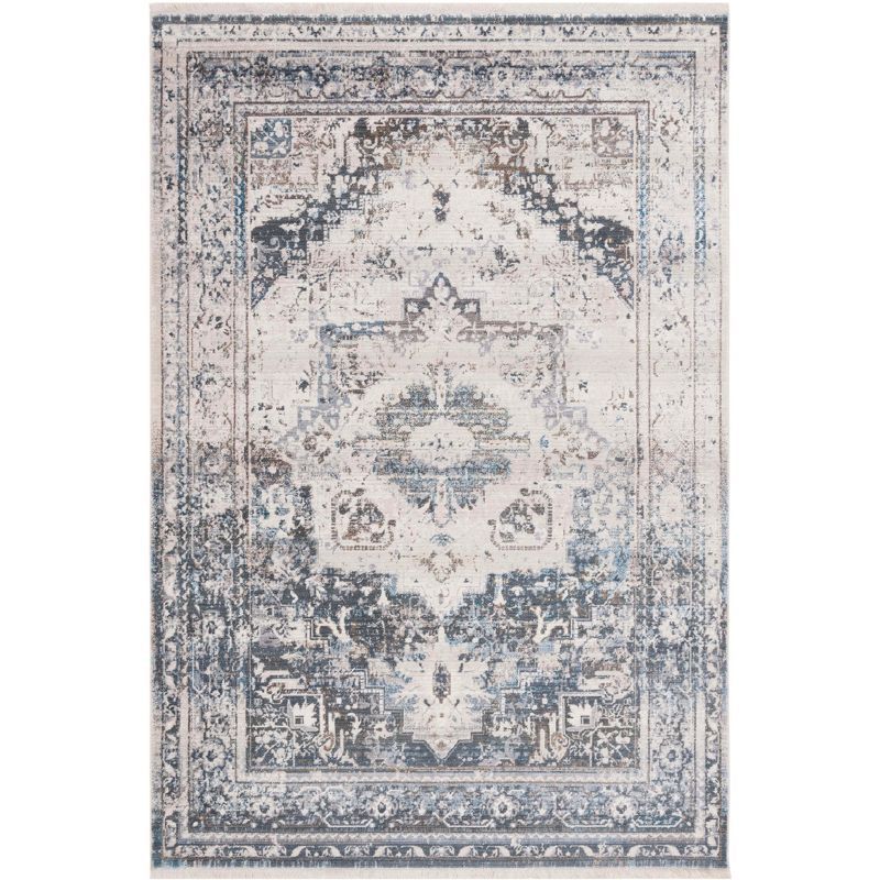 Ivory and Blue Rectangular Synthetic 4' x 6' Area Rug