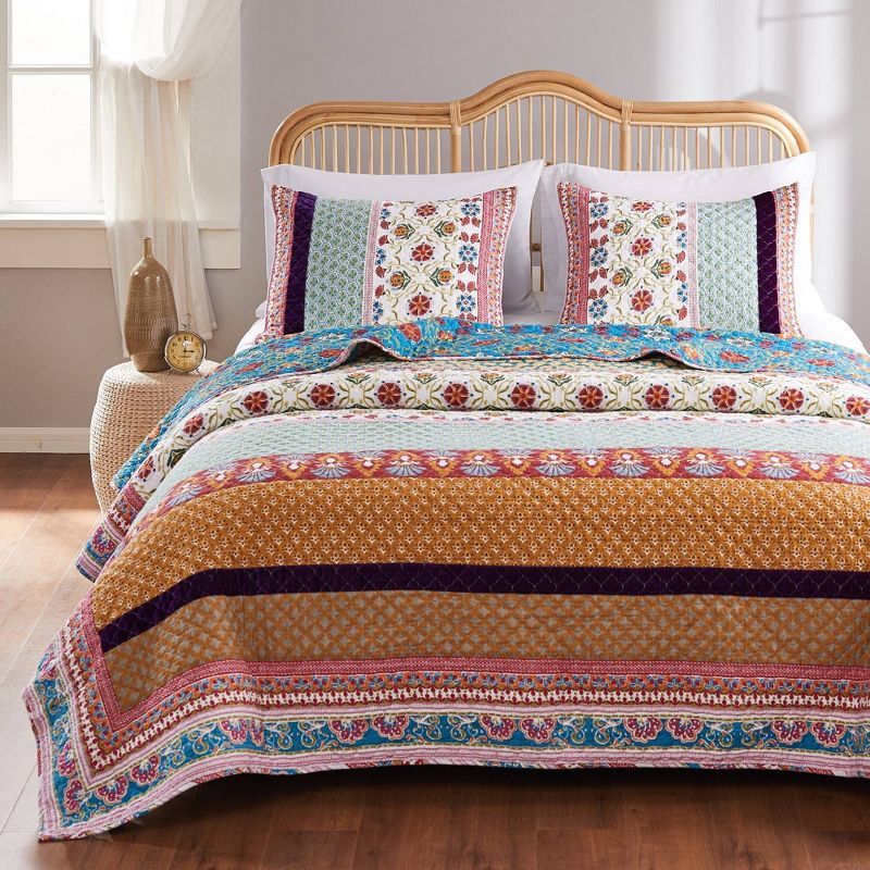 Bohemian Twin-Sized Blue Cotton Quilt Set with Velvet Embellishment