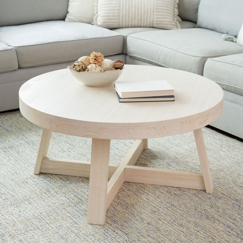 White Sand Wirebrush Solid Pine Round Coffee Table, 36"