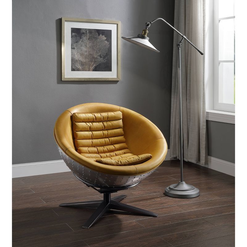 Turmeric Leather and Aluminum Barrel Accent Chair