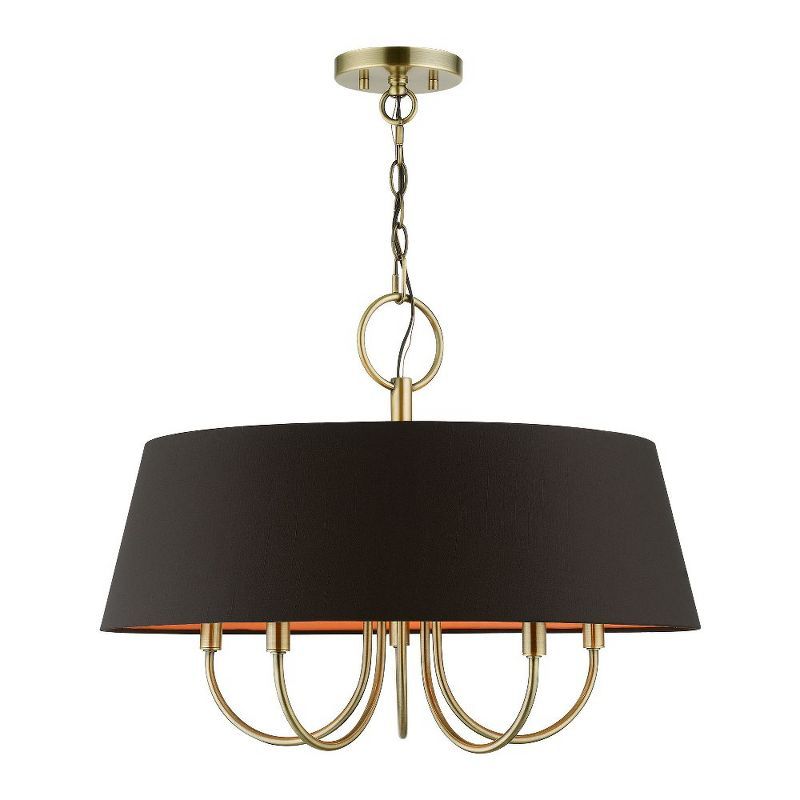 Palma Antique Brass 5-Light Pendant with Black and Orange Fabric Shade