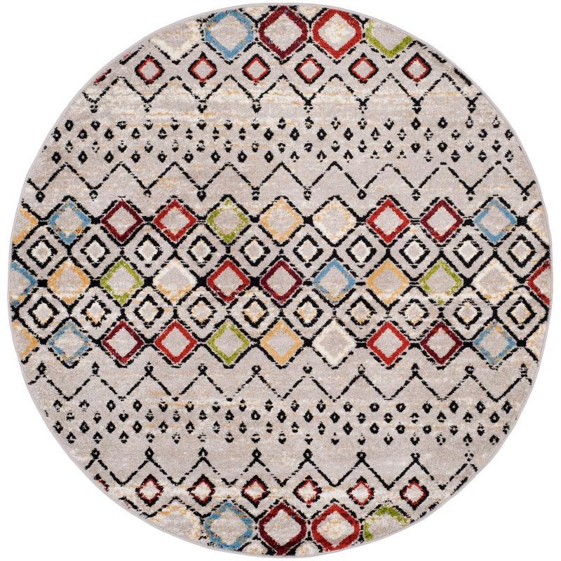 Light Grey Multi Geometric Round Synthetic Area Rug