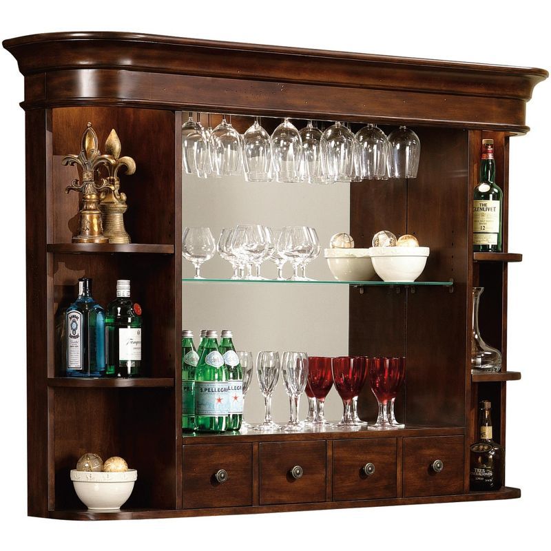 Rustic Cherry Wall Bar Hutch with Glass Shelves and Lighting