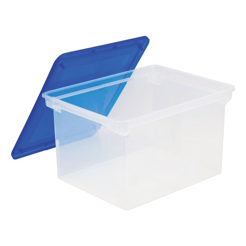 Clear and Blue Plastic File Storage Tote with Snap-On Lid