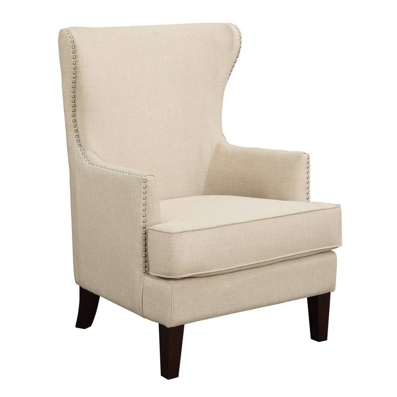 Transitional Cream Winged Accent Chair with Silver Nailhead Trim