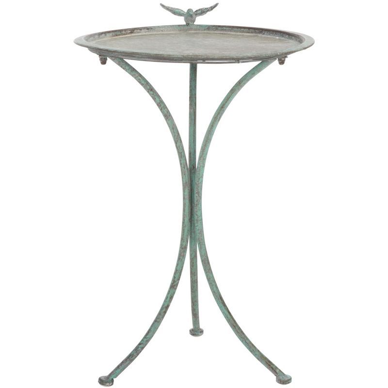 Kensi Antique Green Metal Outdoor Bird Bath with Sculptural Bird Ornament