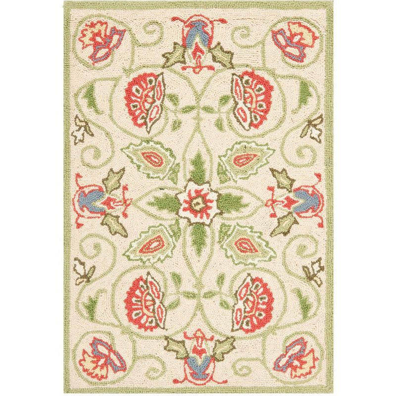 Beige and Green Hand-Hooked Wool Floral Area Rug