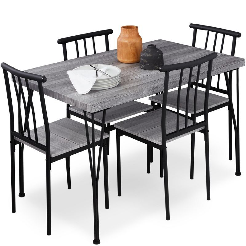 Gray Metal and Wood 5-Piece Rectangular Dining Set with 4 Chairs