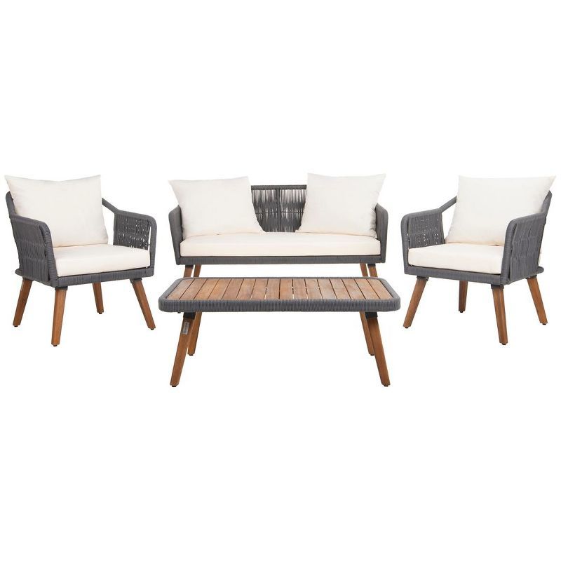 Transitional Beige & Gray 4-Person Eucalyptus Wood Rope Outdoor Living Set