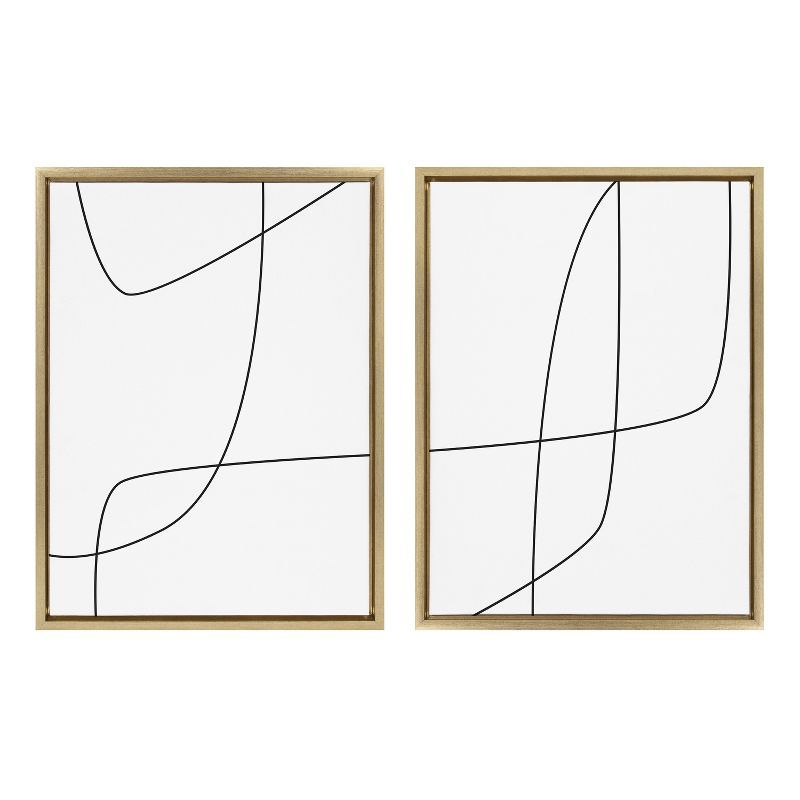 Modern Black and White Abstract Canvas Art with Gold Frame, 18x24, Set of 2