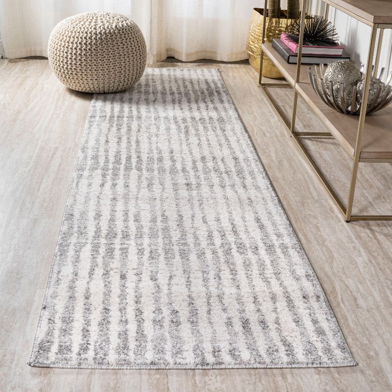 Skoura Gray and Beige Synthetic Stripe Runner Rug, 2' x 8'
