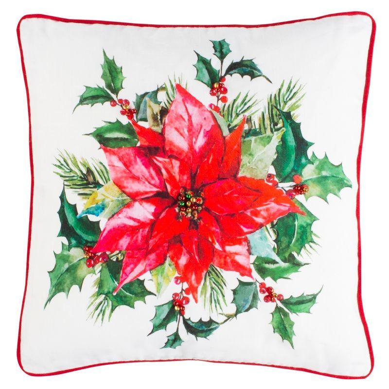 Holiday Poinsettia Beige and Red Square Pillow