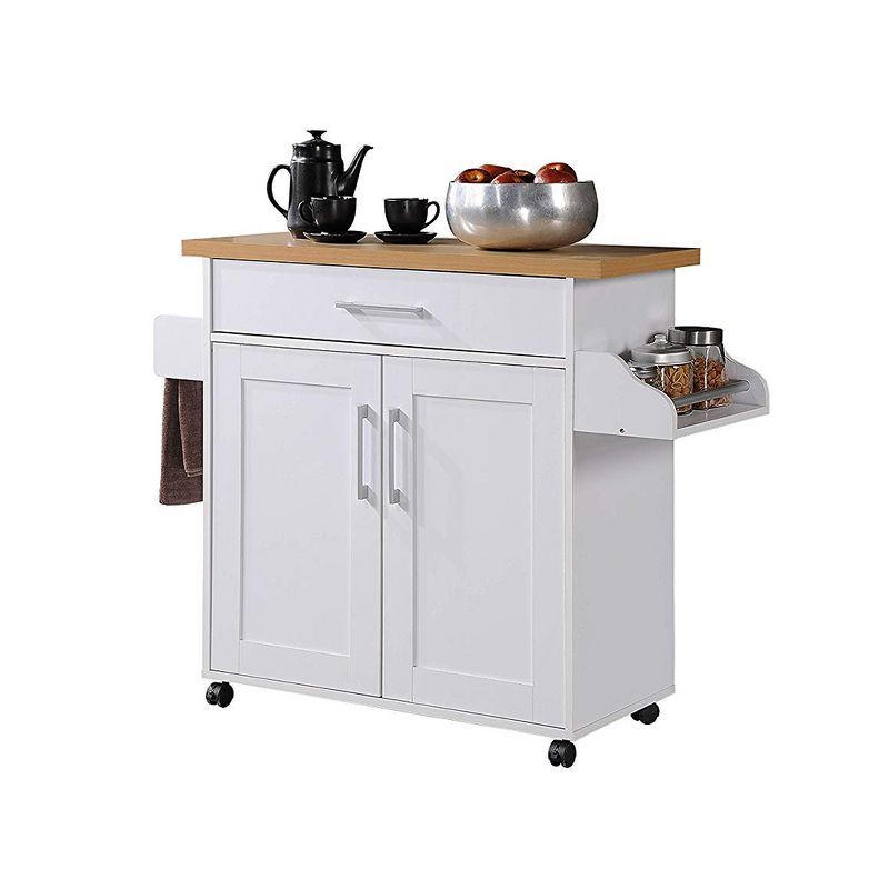 White Kitchen Island with Beech Top, Spice Rack, and Towel Rack