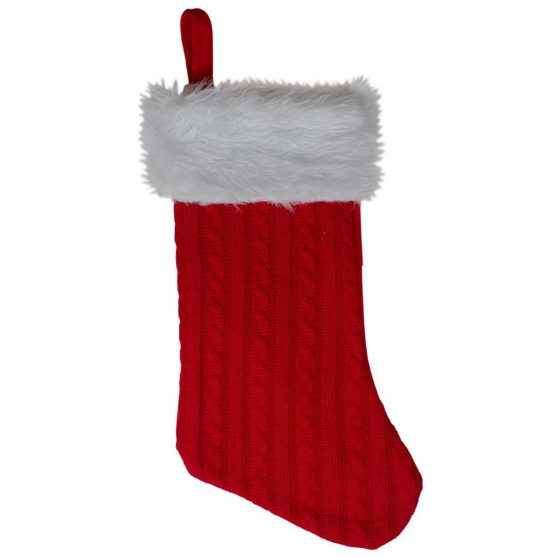 Red and White Cable Knit Christmas Stocking with Faux Fur Cuff