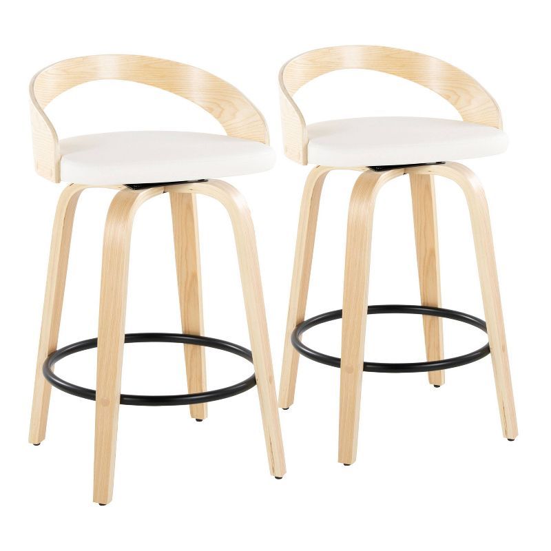 Set of 2 White Swivel Counter Stools with Wood Legs