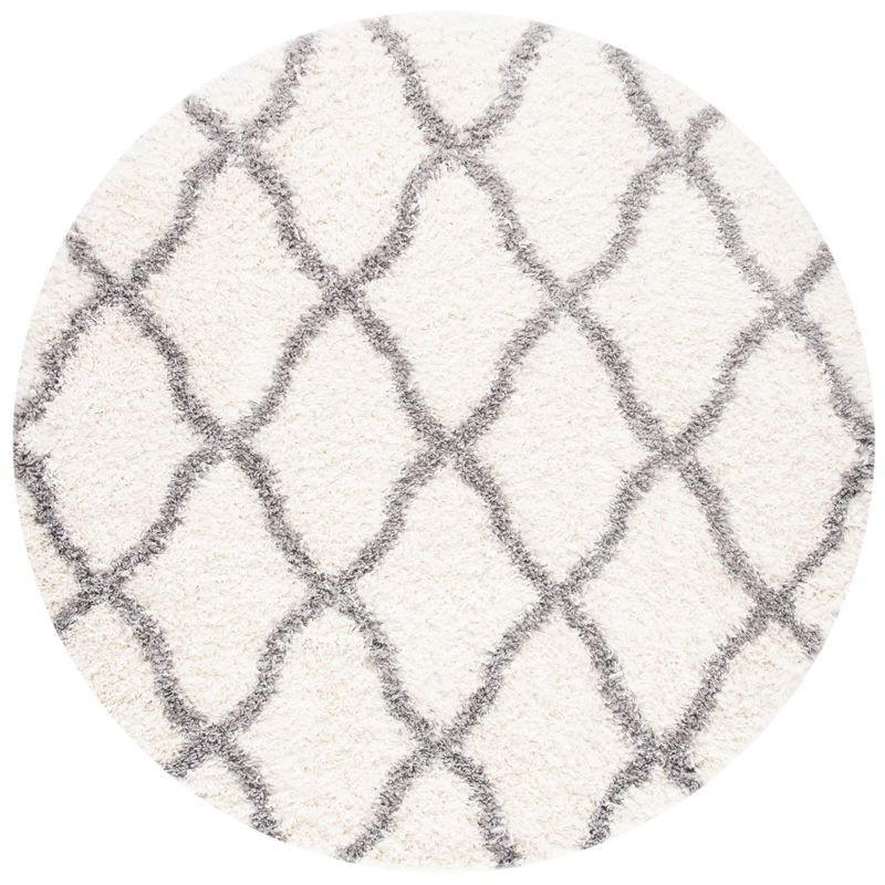 Ivory and Gray Round Shag Area Rug with Braided Tassels